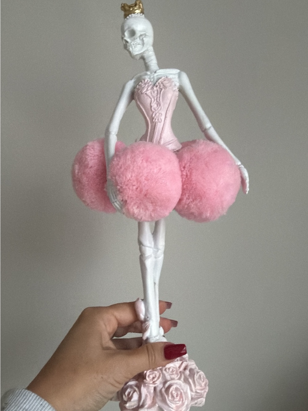 Pink Pom-Tuft Ballerina Skeleton Figurine - Decorative Holiday Accent